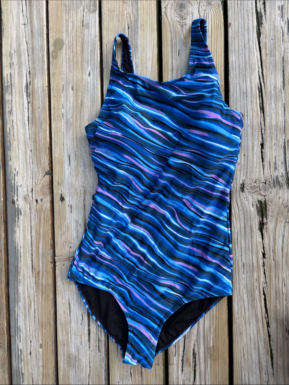 Blue Wave-Print One-Piece Swimsuit Purple Accents